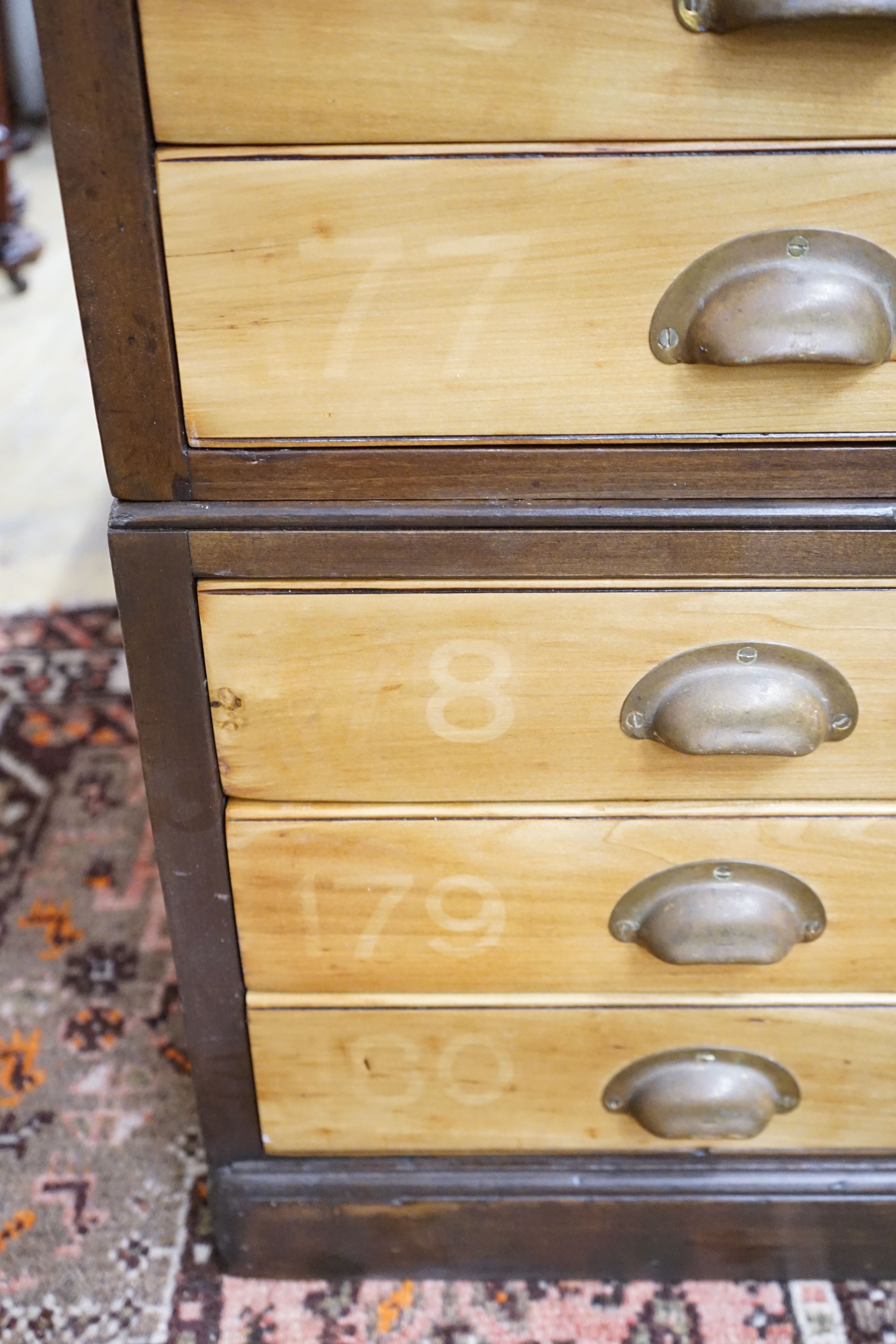 An early 20th century oak and beech six drawer plan chest, width 120cm, depth 89cm, height 86cm